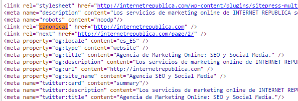 Fragmento de código de etiqueta Canonical