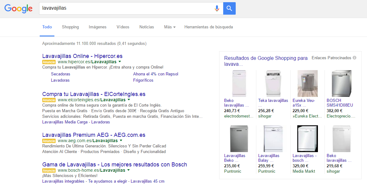 Ejemplo de búsqueda con 4 anuncios y Google Shopping