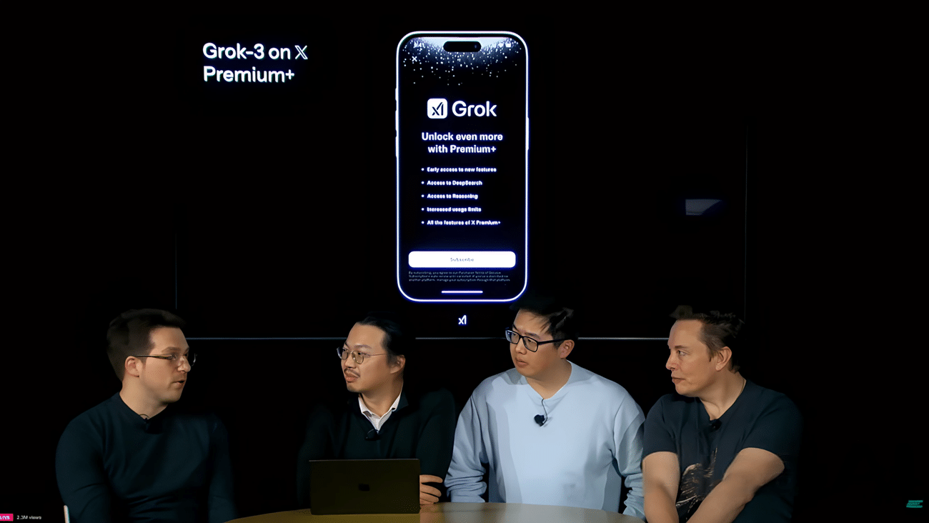 Cuatro personas conversando frente a una pantalla que muestra la promoción de Grok-3 en X Premium+, destacando características como acceso a DeepSearch, mensajería y más.